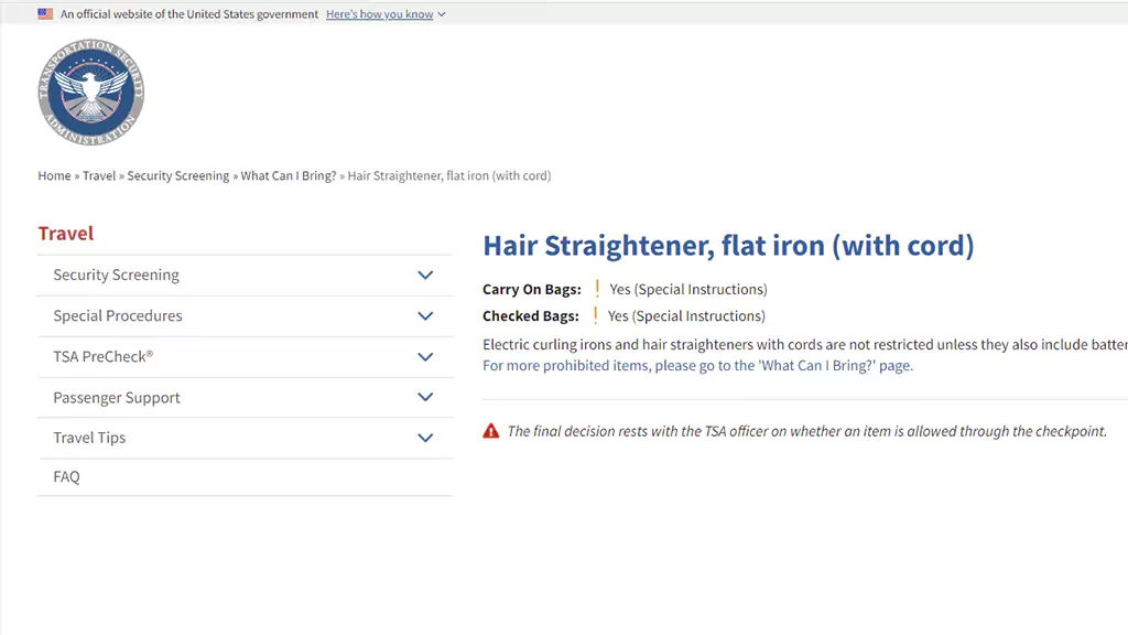 TSA Regulations Regarding Hair Straighteners