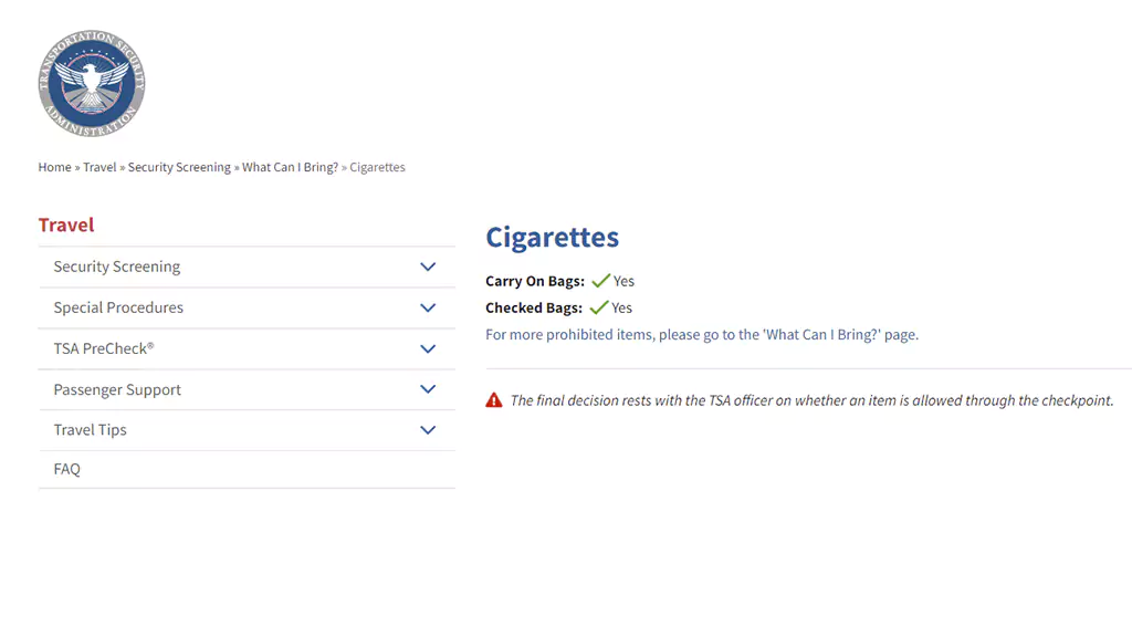 Tsa Rules for Cigarettes